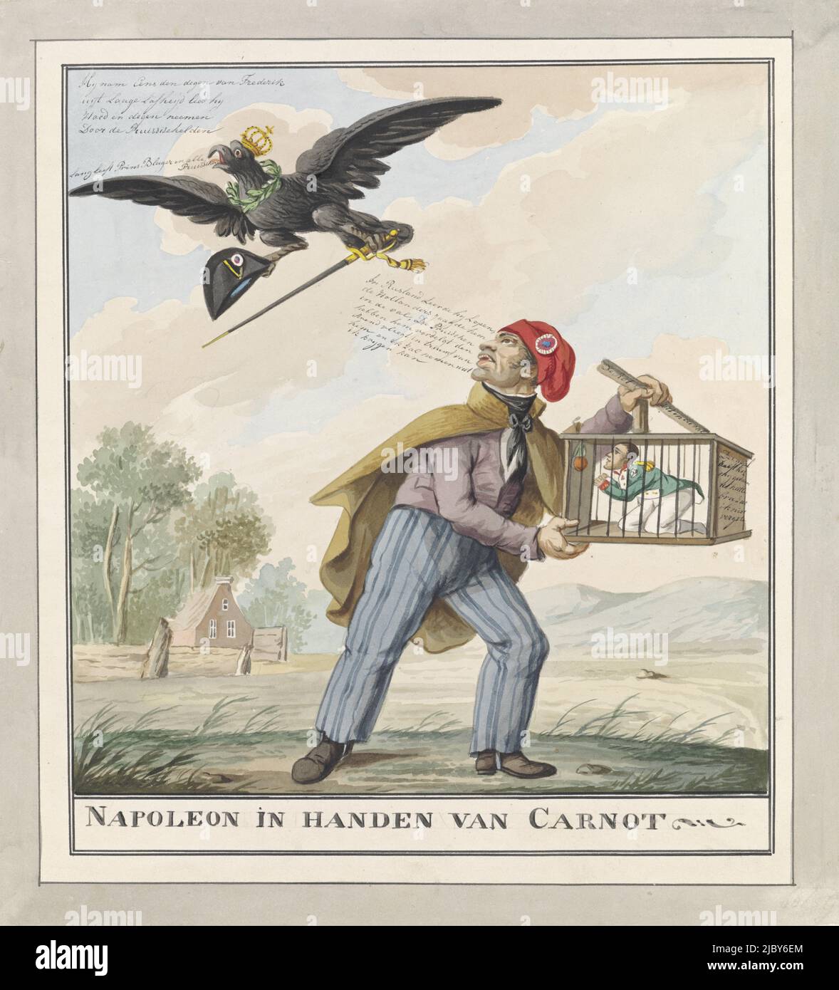 Napoleon captured by Carnot, 1815, Wijnand Esser, 1815, Lazare Carnot, with Jacobin hat, holds a small figure of Napoleon captive in a rat trap. In the trap hangs an Orange apple as bait. On the left, the Prussian eagle flies off with the emperor's sting and sword. Cartoon on the fall of Napoleon after the defeat at Waterloo on June 18, 1815., draughtsman: Wijnand Esser, (mentioned on object), Netherlands, 1815, paper, pen, brush, h 336 mm × w 305 mm Stock Photo