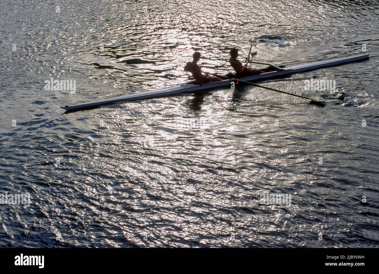 Two men in double skull rowing on calm water Stock Photo Alamy