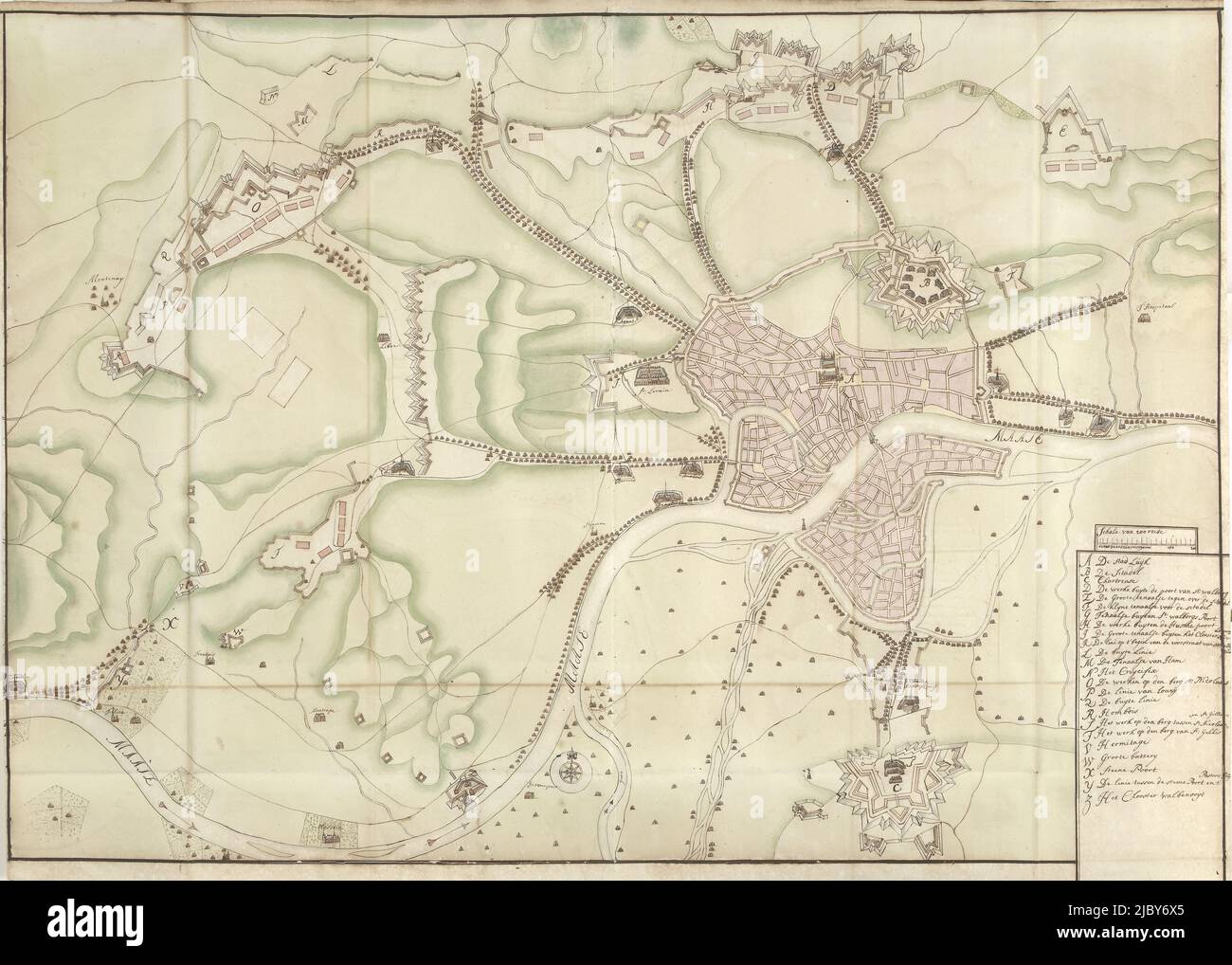 Map of Liege, ca. 1701-1715, Samuel Du Ry de Champdoré, 1701 - 1715, Map of  the fortifications around the city of Liege, ca. 1701-1715. Bottom right  legend A-Z in Dutch. Part of