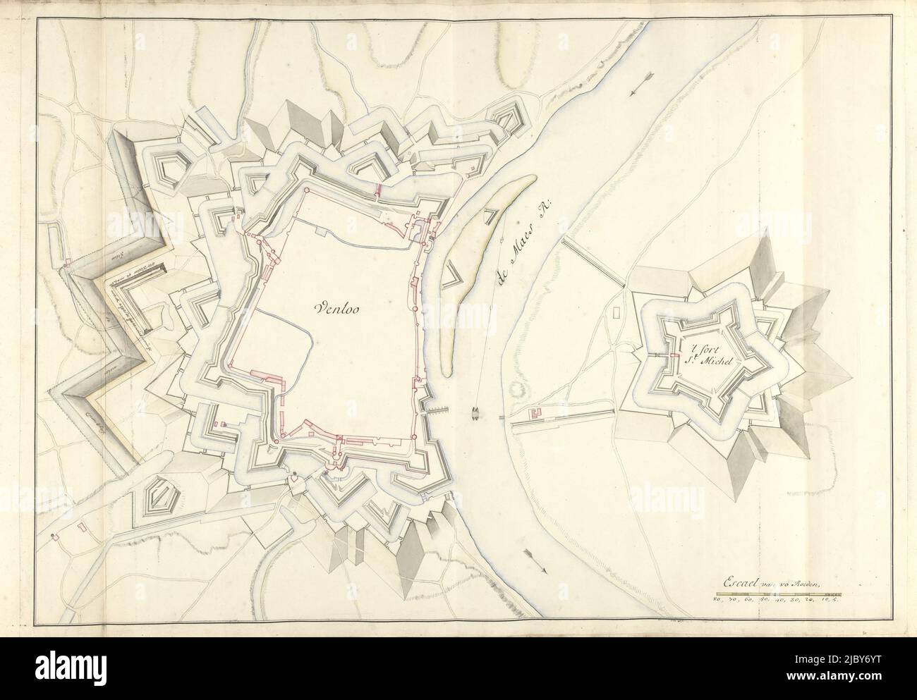 Map of Venlo, ca. 1701-1715, Samuel Du Ry de Champdoré, 1701 - 1715, Map of the fortifications around the city of Venlo with the Fort Sint-Michiel, ca. 1701-1715. Part of a collection of drawn plans of fortified places in the Netherlands and surrounding countries at the time of the War of the Spanish Succession (part B)., draughtsman: Samuel Du Ry de Champdoré, Netherlands, 1701 - 1715, paper, h 527 mm × w 730 mm Stock Photo