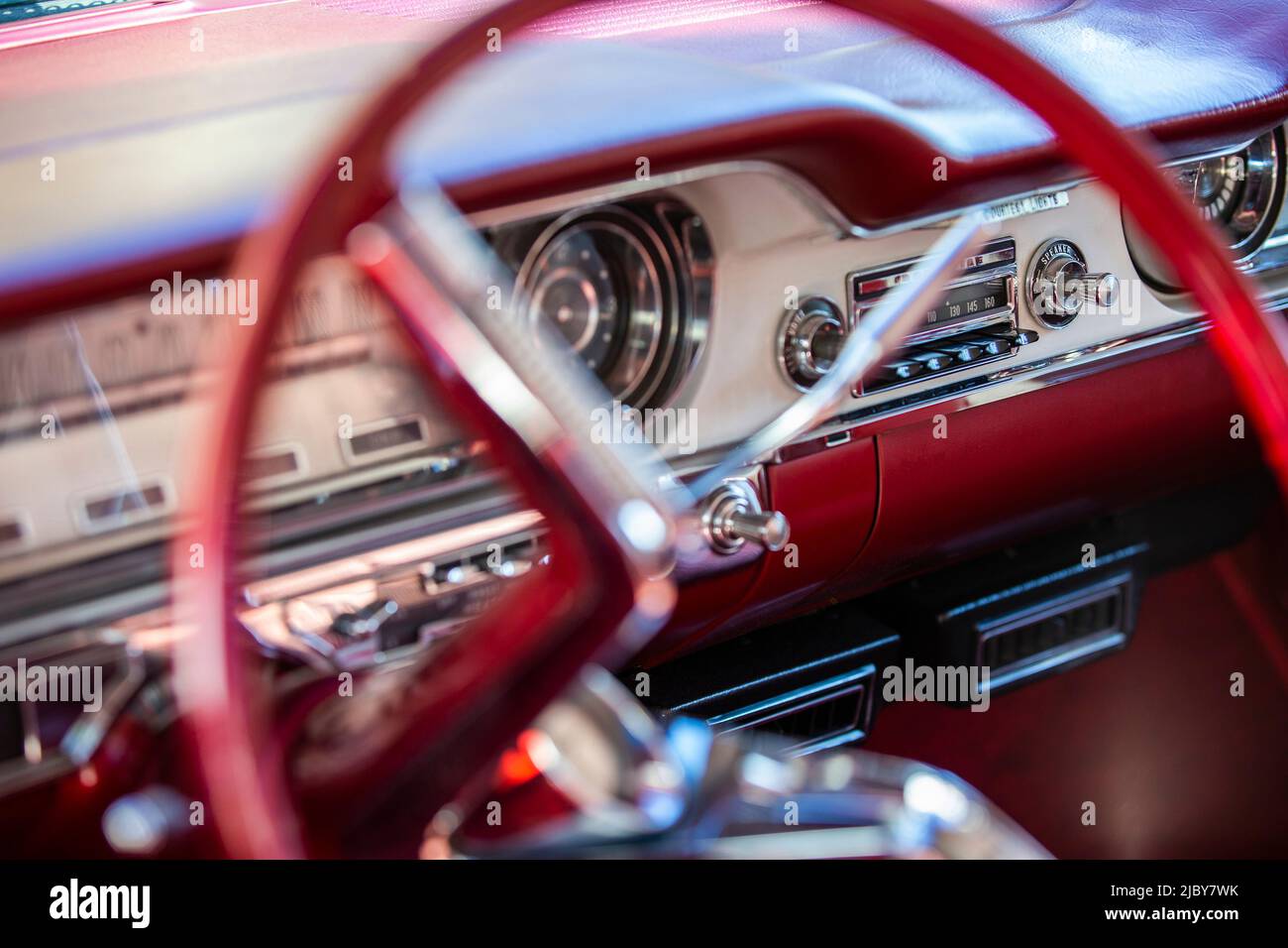 Detail of steering wheel and dash of 1960 Oldsmobile Super 88 Holiday