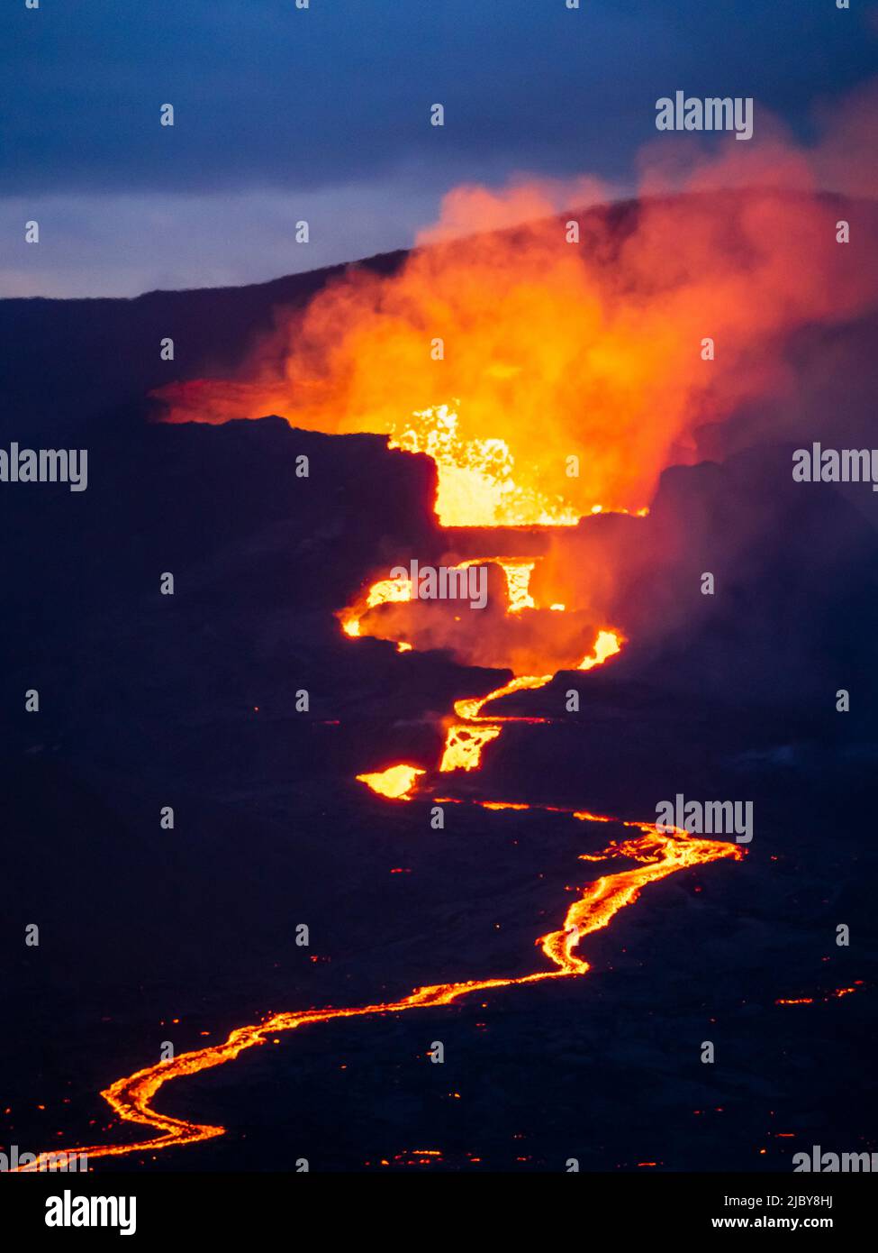 Crater eruption and glowing river of magma from Fagradalsfjall Volcanic ...