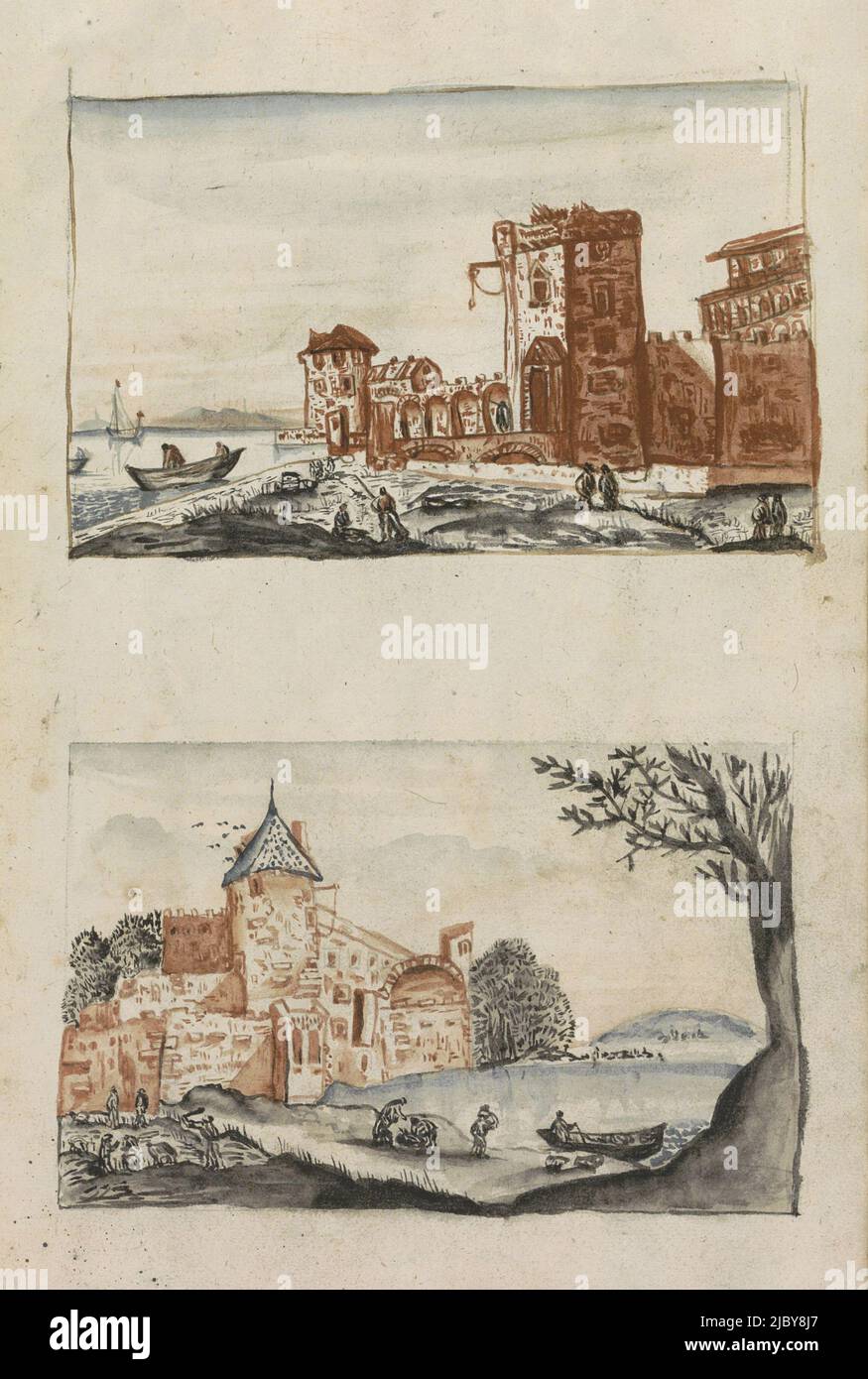 Two townscapes, Hendrick van Beaumont, 1696, Views of two waterfront towns. Sheet 42 recto from a sketchbook containing 91 sheets., draughtsman: Hendrick van Beaumont, 1696, paper, brush Stock Photo