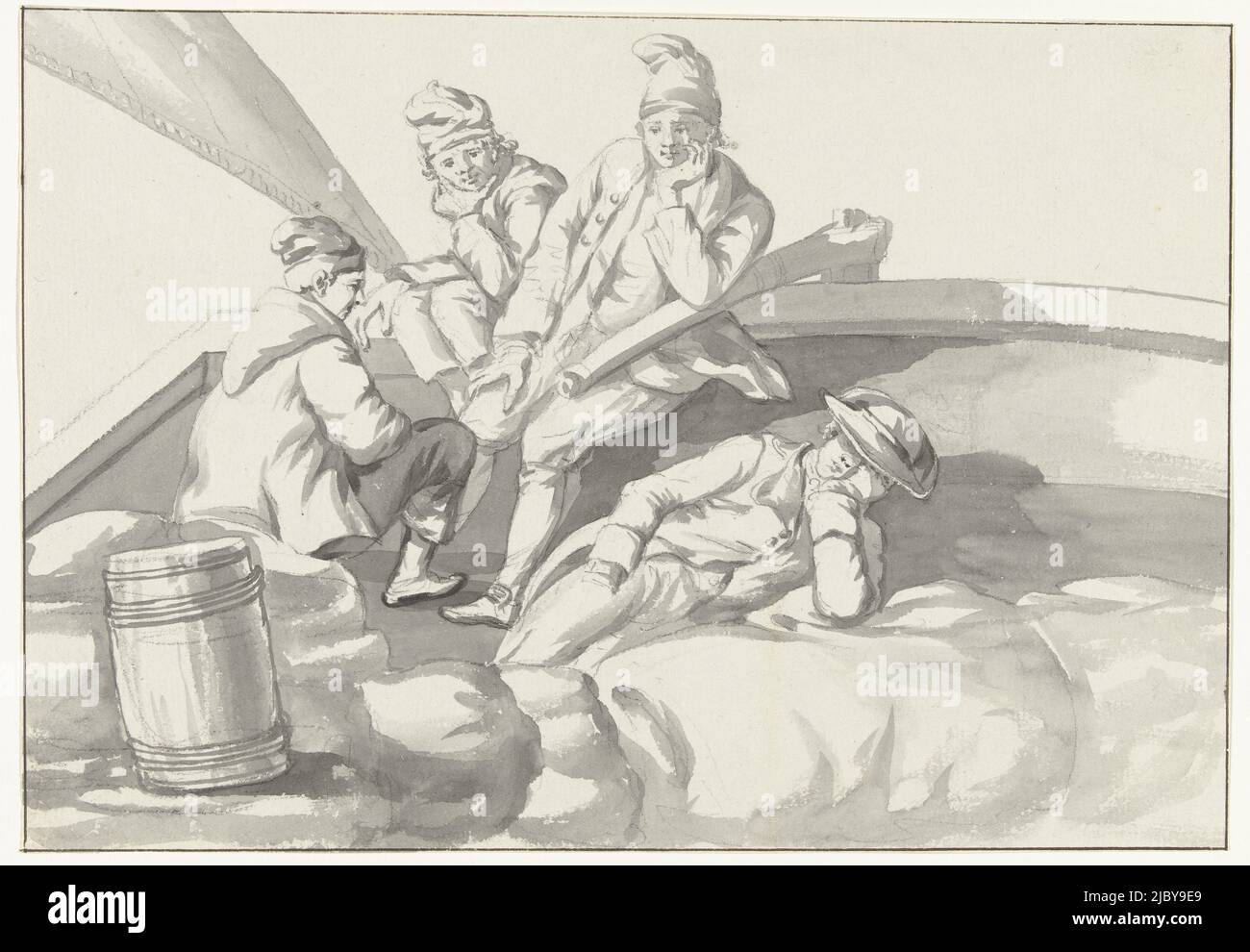 Sailors and crew on a boat, Louis Ducros, 1778, Drawing from the album 'Voyage en Italie, en Sicile et à Malte', 1778., draughtsman: Louis Ducros, 1778, paper, brush, h 182 mm × w 263 mm Stock Photo