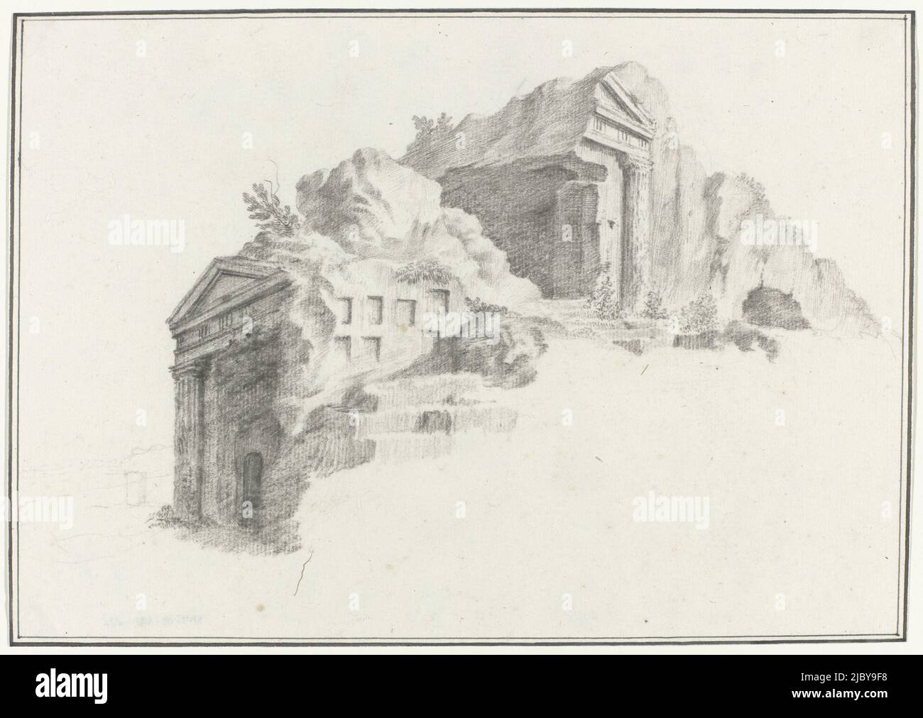 Tomb or tombs with Doric columns carved in rock and located at a distance of 2 miles from Syracuse, Louis Mayer, 1778, Drawing from the album 'Voyage en Italie, en Sicile et à Malte', 1778., draughtsman: Louis Mayer, 1778, paper, h 180 mm × w 256 mm Stock Photo