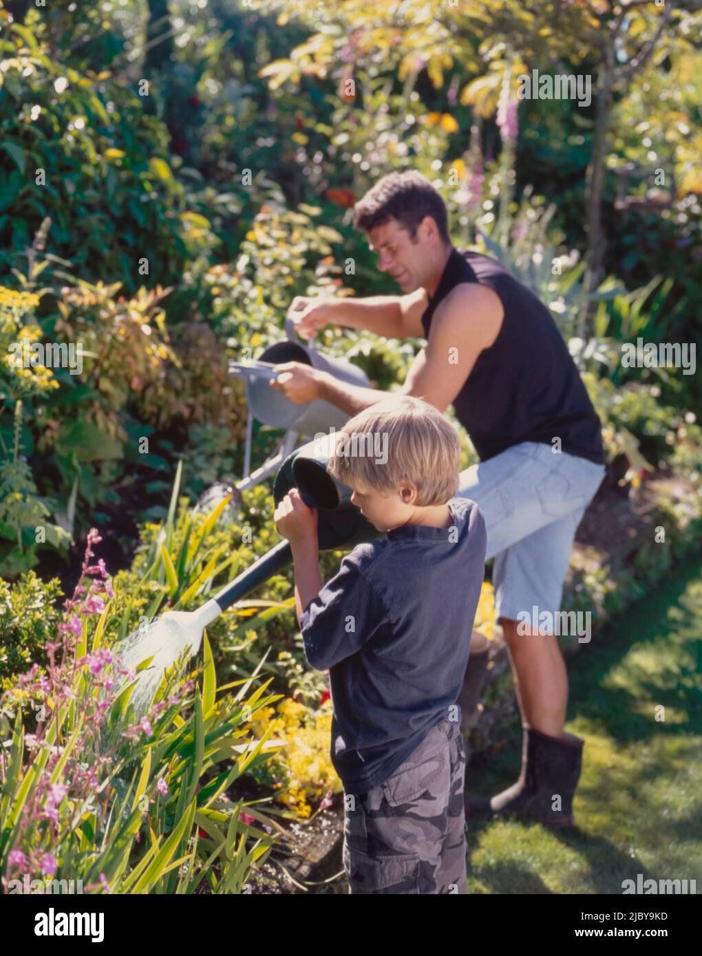 Father and son watering garden with watering cans Stock Photo - Alamy