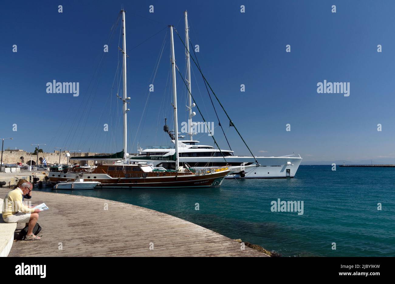 Yachts at Colona harbour, Rhodes Town, Rhodes Island, Greece, Dodecanese Stock Photo