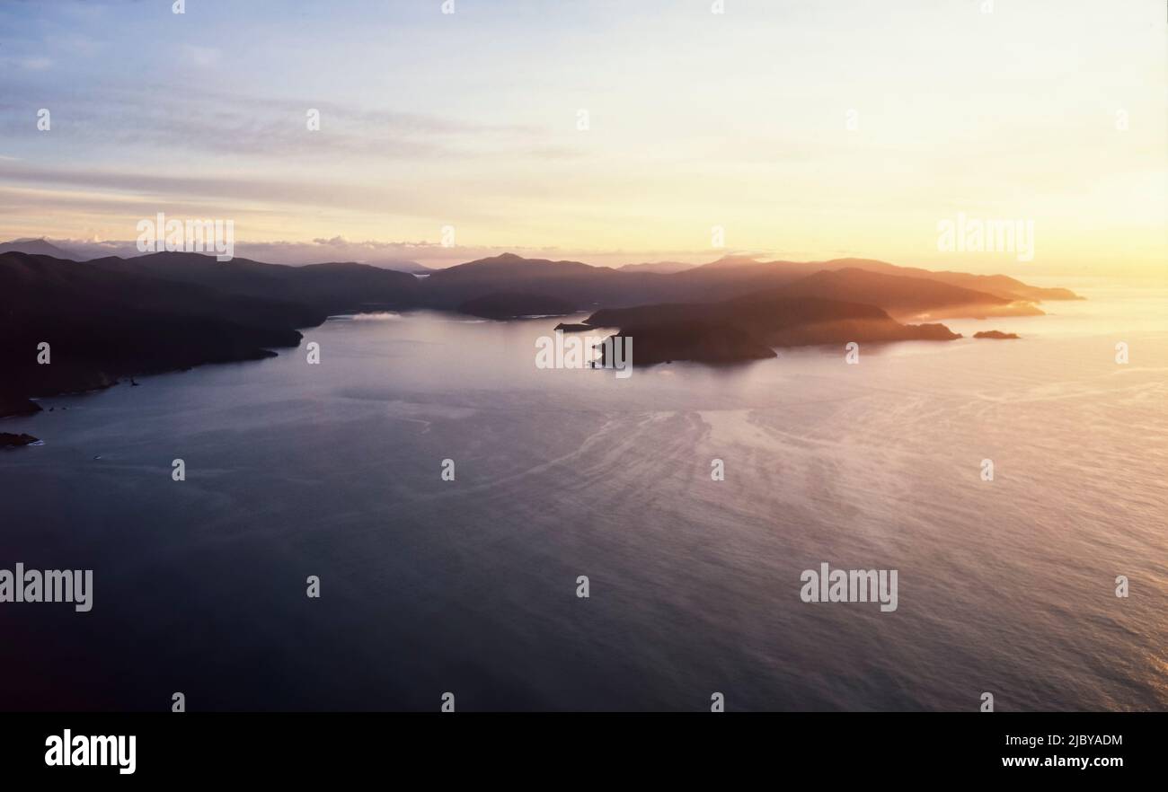 Aerial of Queen Charlotte Sounds at sunrise Stock Photo Alamy