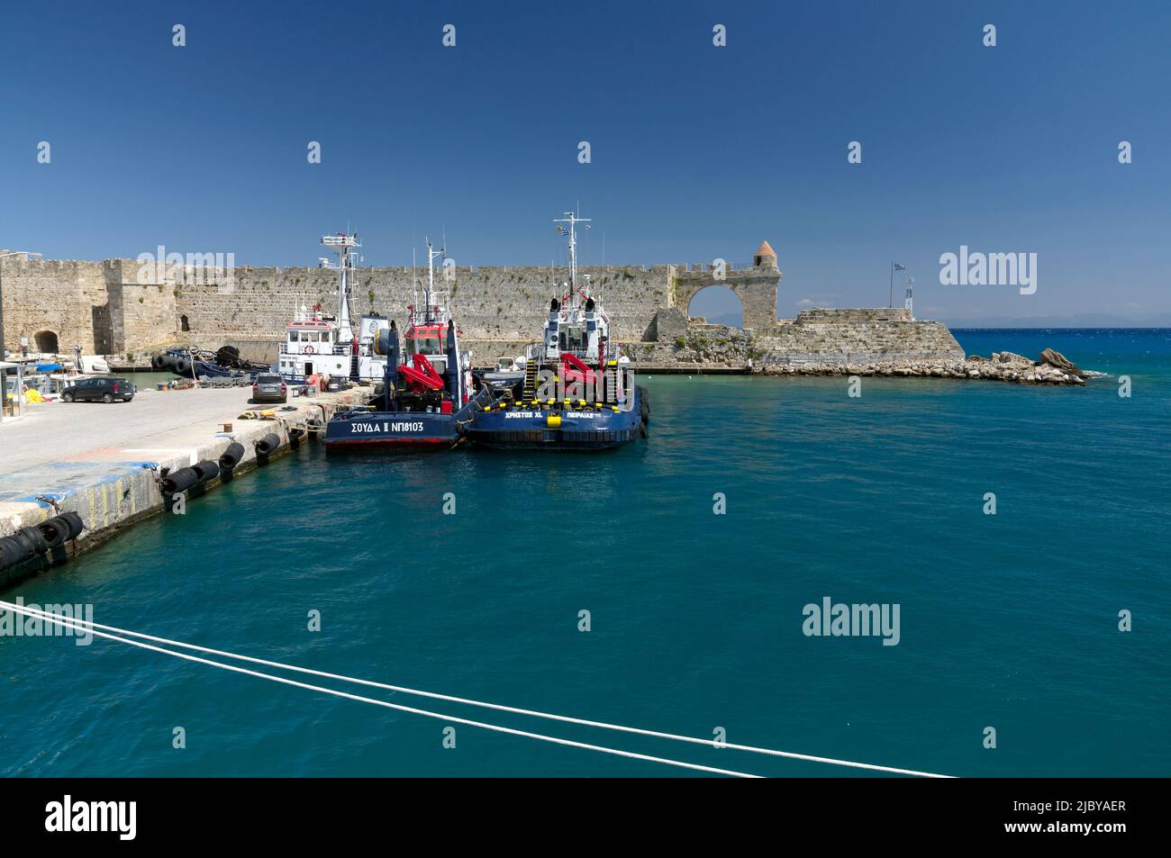 Tug boats at Colona Harbour, Rhodes Town, Rhodes Island, Greece, Dodecanese Stock Photo