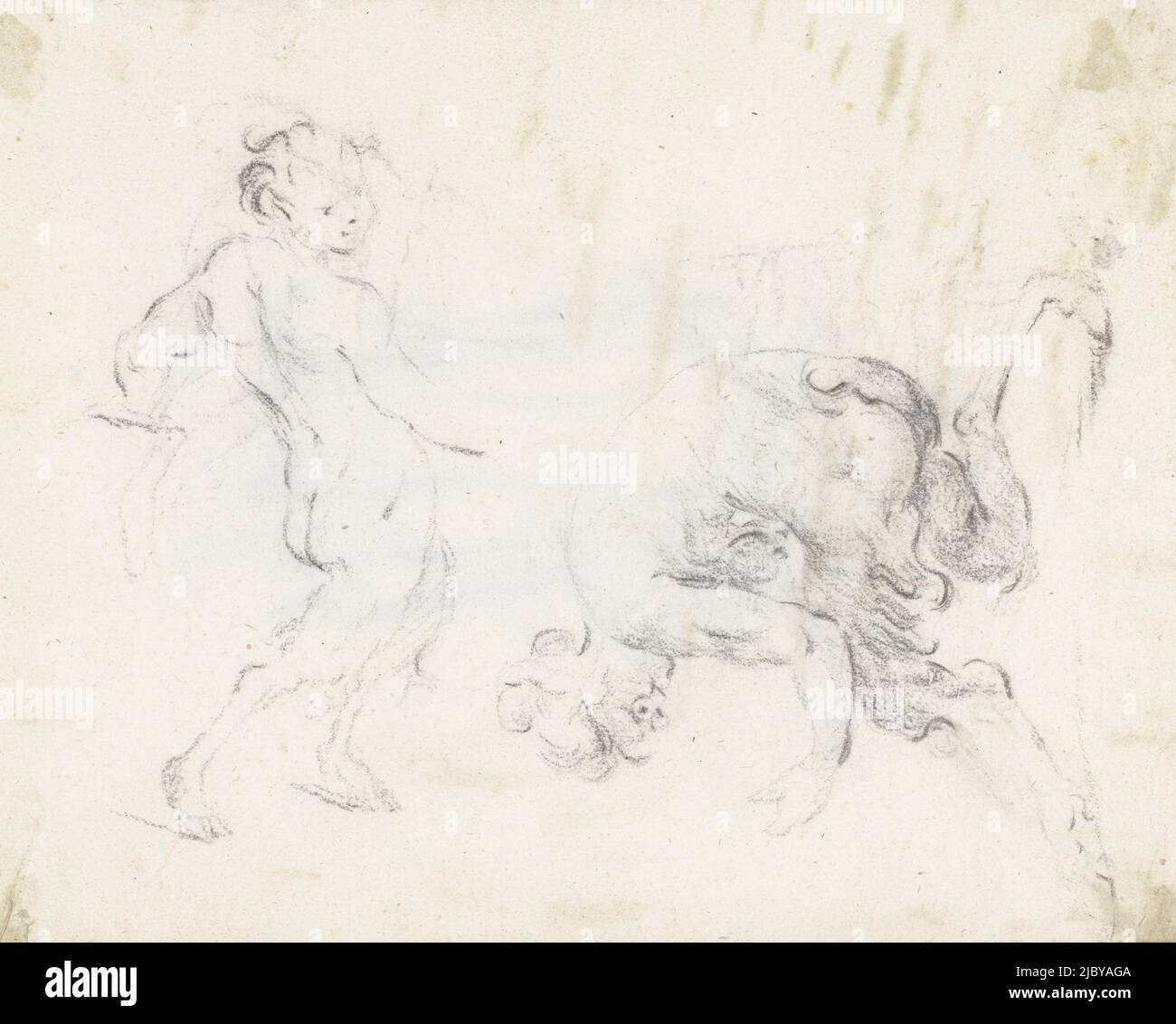 Study sheet with two satyrs, Moses ter Borch, after J. Muller, after Bartholomeus Spranger, c. 1656 - c. 1657, draughtsman: Moses ter Borch, J. Muller, Bartholomeus Spranger, Zwolle, c. 1656 - c. 1657, paper, h 161 mm × w 210 mm Stock Photo