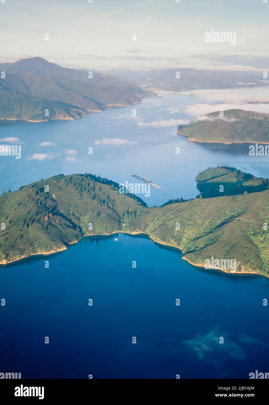 Aerial of sustainable Salmon Farm in Queen Charlotte Sounds Stock Photo