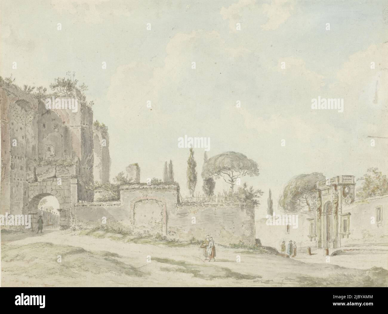 View of Rome, anonymous, 1779, View of the Arco di Dolabella on Caelius Hill, seen from the southwest in Rome. On the right is the entrance gate to Villa Casali., draughtsman: anonymous, 28-Mar-1779, paper, brush, h 213 mm × w 285 mm Stock Photo