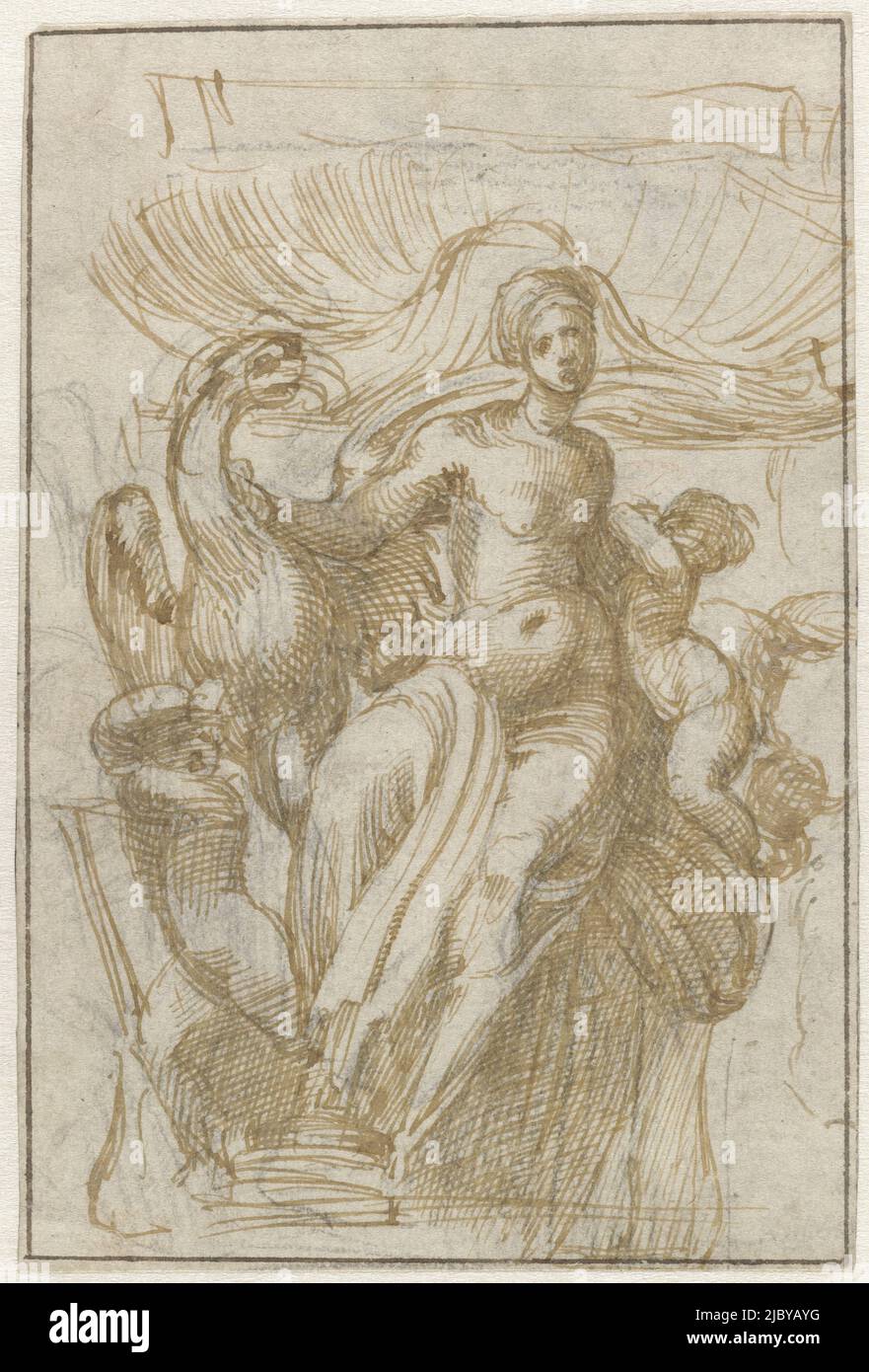 Leda or Venus (?) with bird and putti in front of a shell, Alonso Berruguete, 1500 - 1561, Design for a fountain., draughtsman: Alonso Berruguete, 1500 - 1561, paper, pen, h 182 mm × w 122 mm Stock Photo