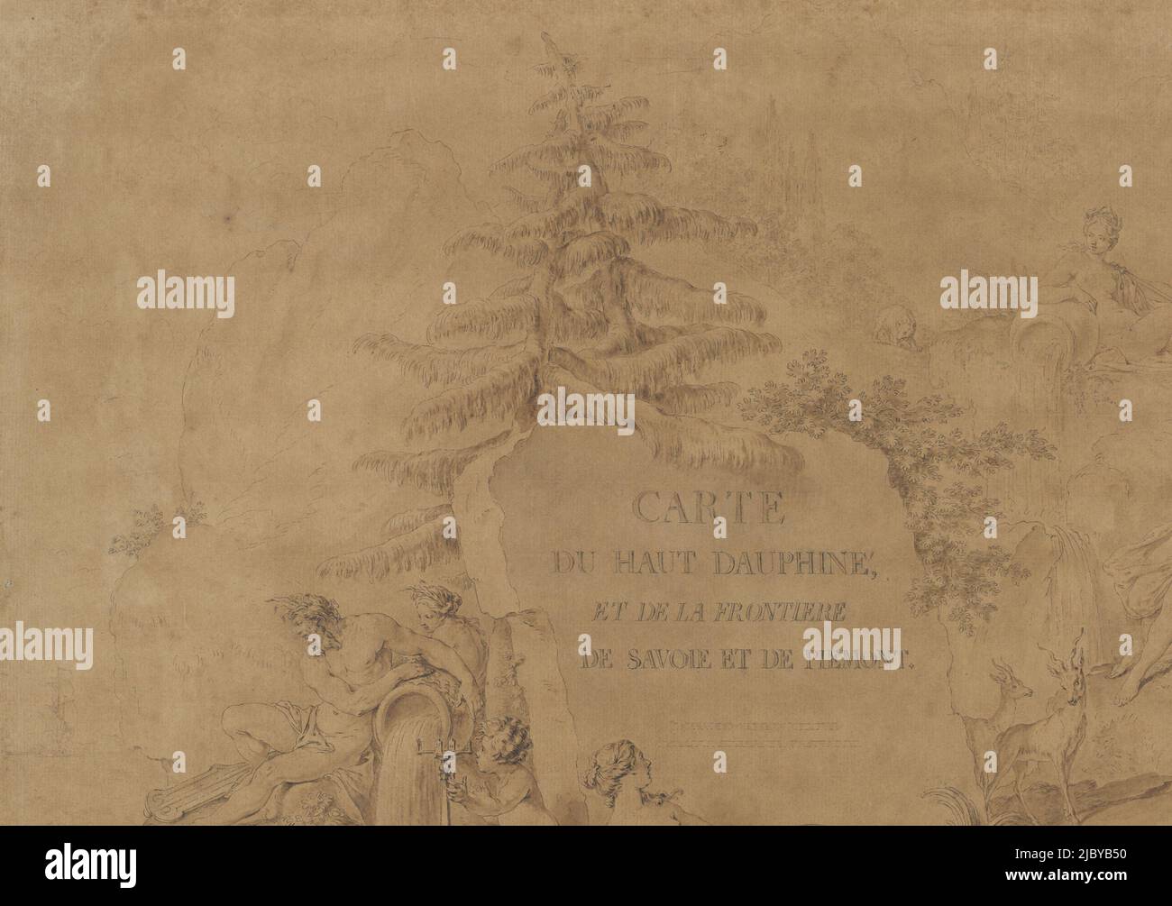 Allegorical figures, stream gods and stream goddesses, Hubert François Gravelot, 1754 - 1758, Design for title page for a map of the Haut Dauphiné 'Carte géometrique du Haut Dauphiné et de la Frontière ultérieure': allegorical figures (Geometria?), stream gods and stream goddesses., draughtsman: Hubert François Gravelot, 1754 - 1758, paper, pen, brush, h 436 mm × w 620 mm, FTZYC Doctype , FTZYC Doctype Stock Photo