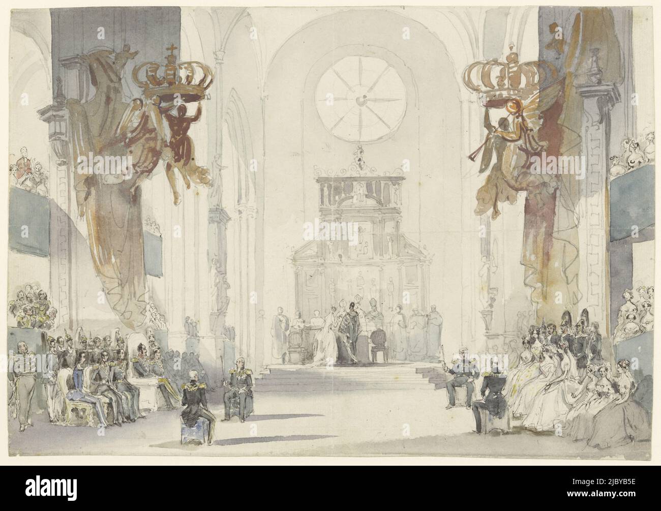 Marriage of Princess Louise to Prince Charles of Sweden, Fritz Ludwig von Dardel, 1850, Marriage of Louise, Princess of the Netherlands, later Queen of Sweden and Norway, to Crown Prince Charles XV, later King of Sweden and Norway, in Archbishop's Church of St. Nicholas in Stockholm, June 19, 1850., draughtsman: Fritz Ludwig von Dardel, 1850, paper, pen, brush, h 204 mm × w 290 mm Stock Photo
