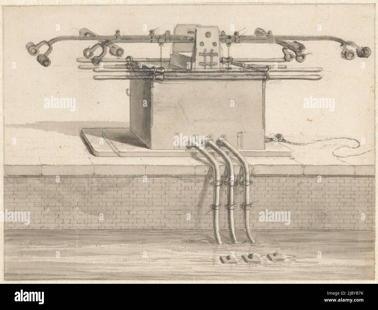 Double suction pump for the hose fire pump, Jan van der Heyden, 1685 - 1690, Instruction on the correct use of the double suction pumps at the hose fire pumps. Design for the supplementary prints to the fire hose book by Jan van der Heyden, 1690., draughtsman: Jan van der Heyden, Northern Netherlands, 1685 - 1690, paper, brush, pen, h 118 mm × w 158 mm Stock Photo