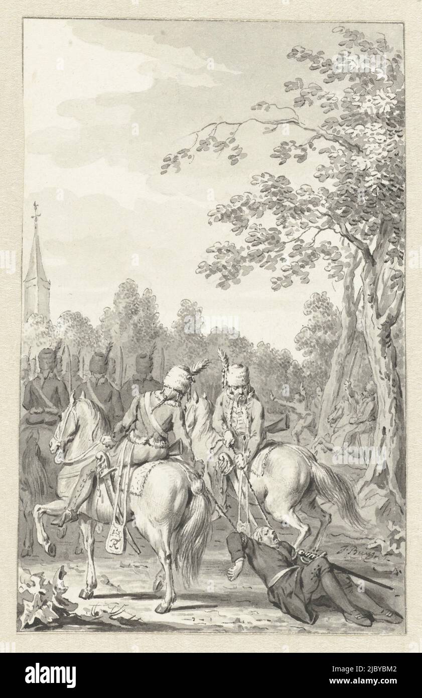 Cluwer mistreated by the Prussian hussars, Jacobus Buys, c. 1734 - c. 1801, Cluwer, teacher at Sluipwijk, mistreated by the Prussian hussars. Design for a print., draughtsman: Jacobus Buys, c. 1734 - c. 1801, paper, pen, brush, h 141 mm × w 89 mm Stock Photo