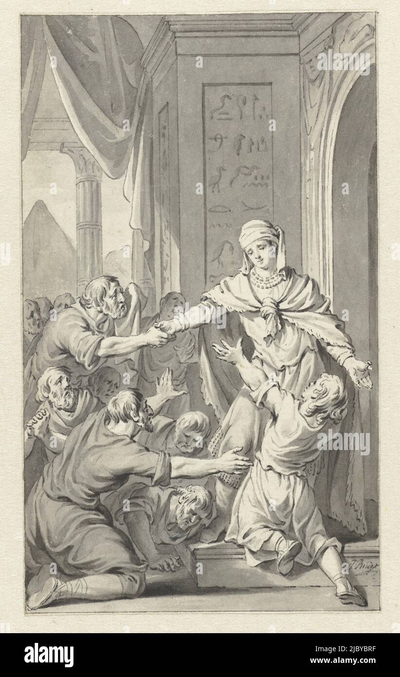 Joseph recognized by his brothers, Jacobus Buys, c. 1734 - c. 1801, Design for a print., draughtsman: Jacobus Buys, c. 1734 - c. 1801, paper, pen, brush, h 150 mm × w 89 mm Stock Photo