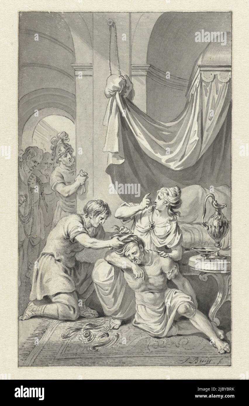 Samson and Delilah, Jacobus Buys, c. 1734 - c. 1801, Design for a print., draughtsman: Jacobus Buys, c. 1734 - c. 1801, paper, pen, brush, h 150 mm × w 89 mm Stock Photo