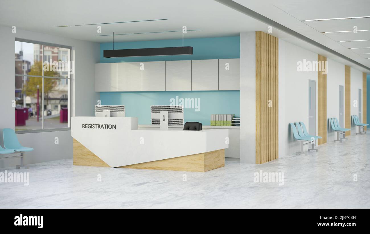Modern hospital or clinic reception waiting area interior design with  reception desk over the blue wall and waiting seats. Medical healthcare  concept Stock Photo - Alamy