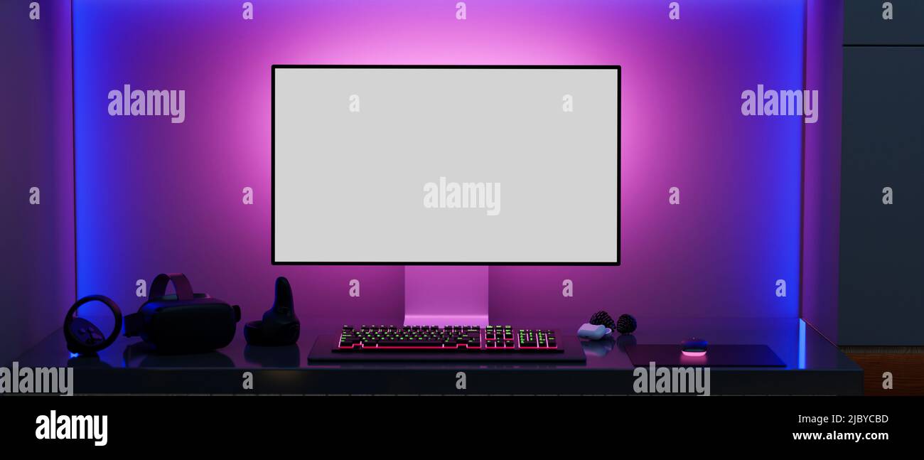 Modern gamer computer desk setup with RGB lights on the background
