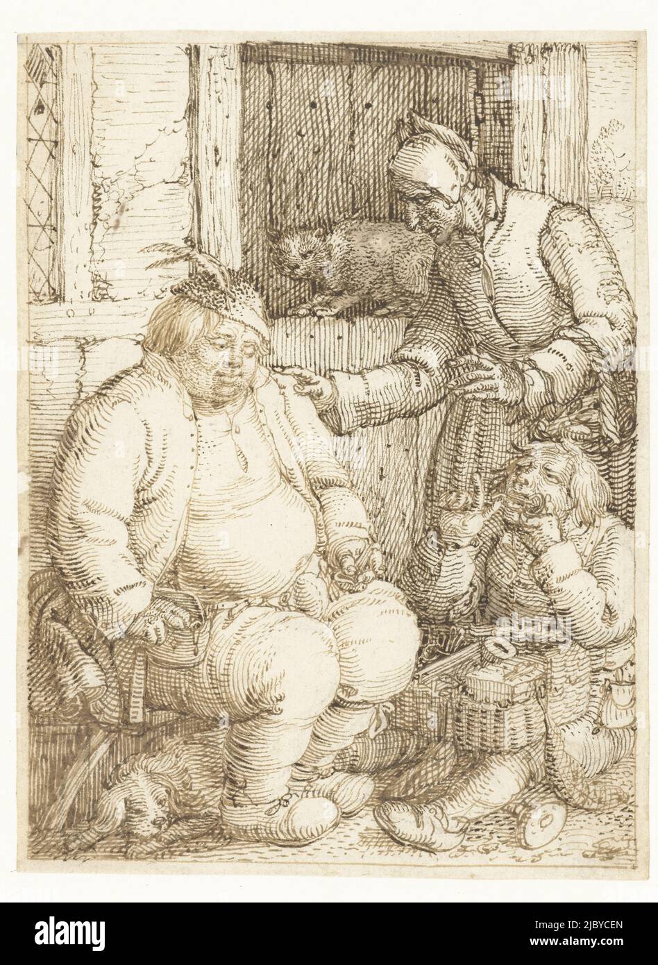 Marcher demonstrating his wares, David Vinckboons (I), c. 1608, Design for a painting., draughtsman: David Vinckboons (I), c. 1608, paper, pen, h 136 mm × w 101 mm Stock Photo