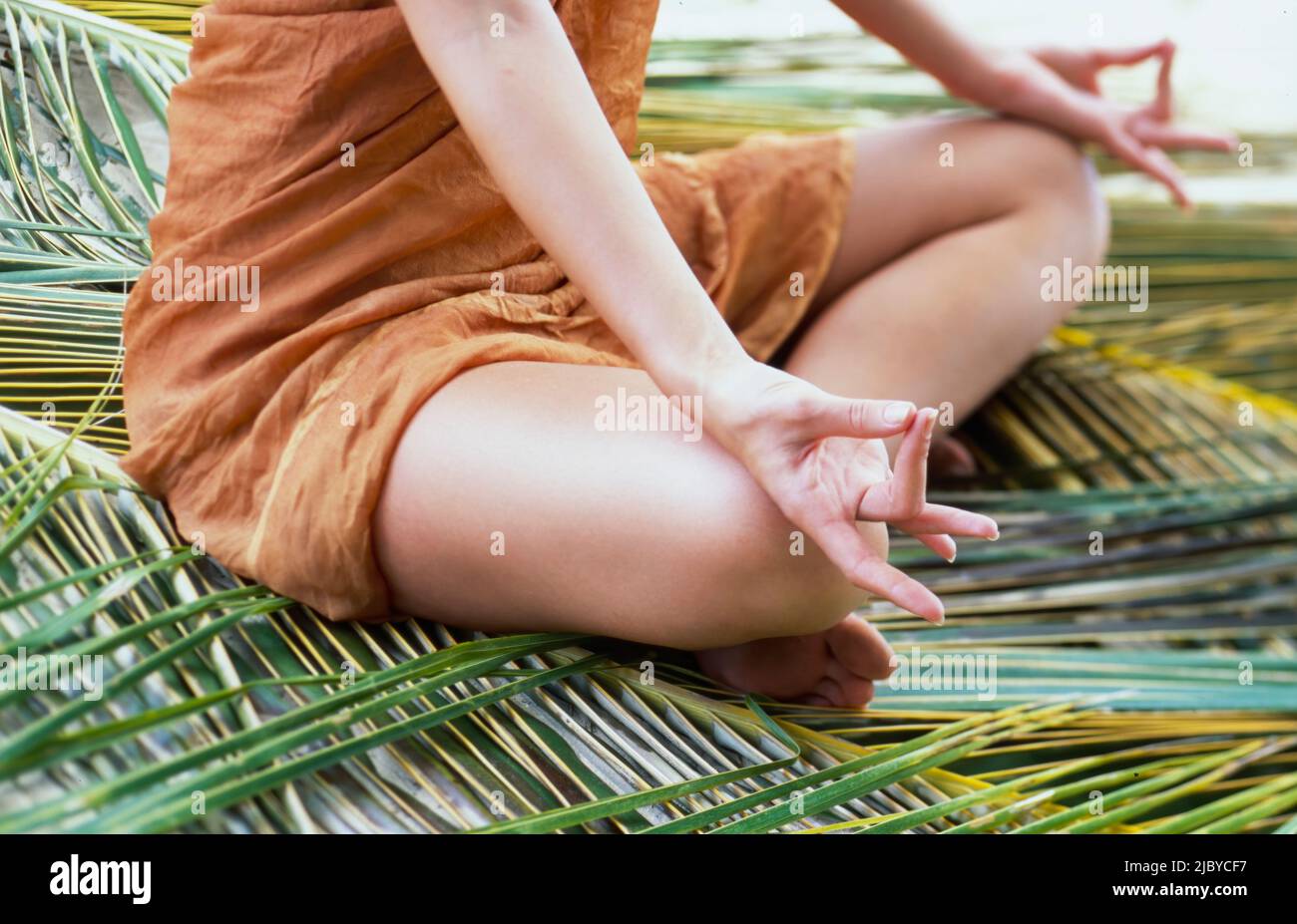 Young woman meditating sitting on palm fronds on tropical beach Stock Photo