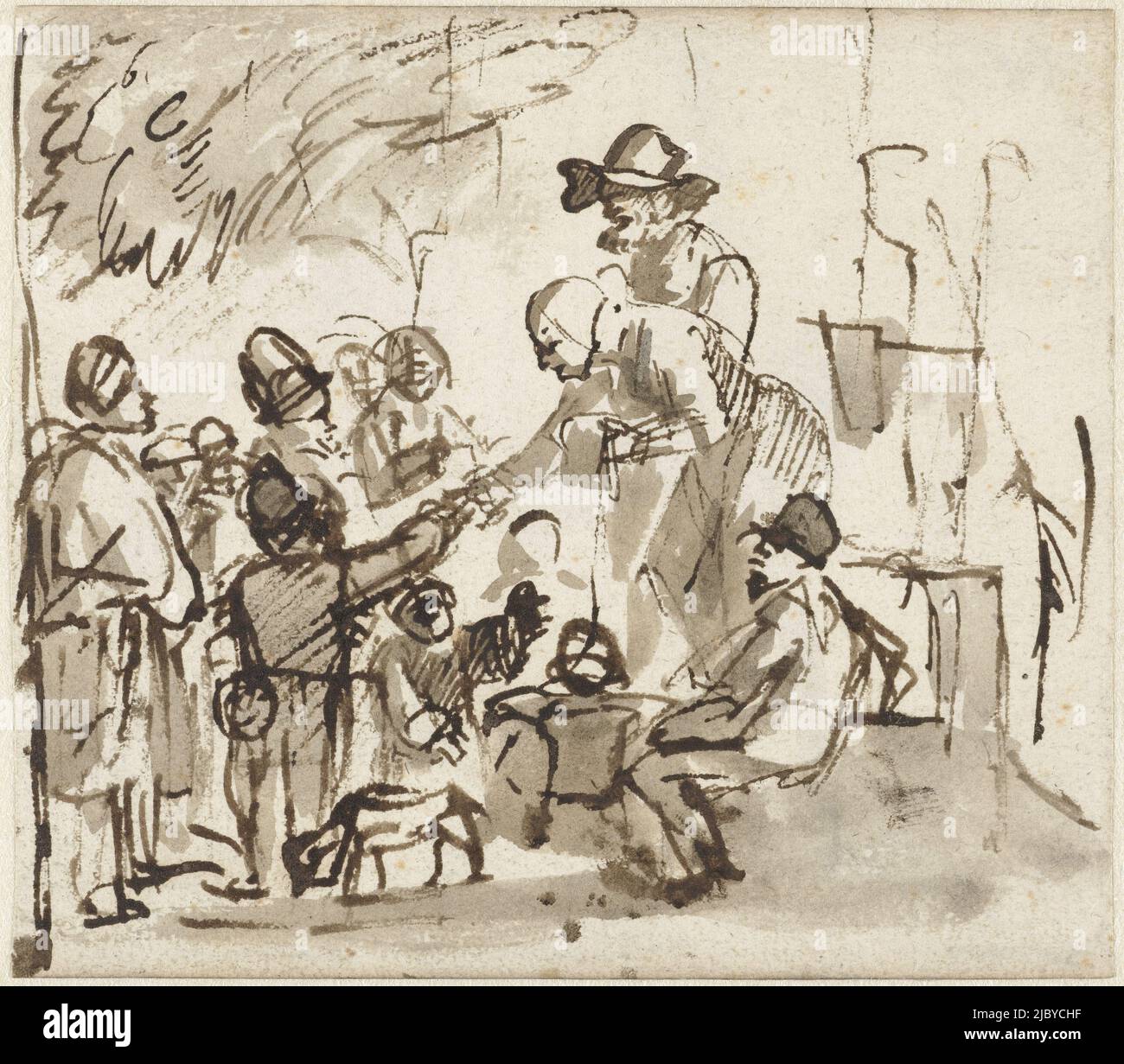 Old couple handing out wares to children in the open air, Carel Fabritius (attributed to), 1640 - 1645, draughtsman: Carel Fabritius, (attributed to), 1640 - 1645, paper, pen, brush, h 98 mm × w 109 mm Stock Photo