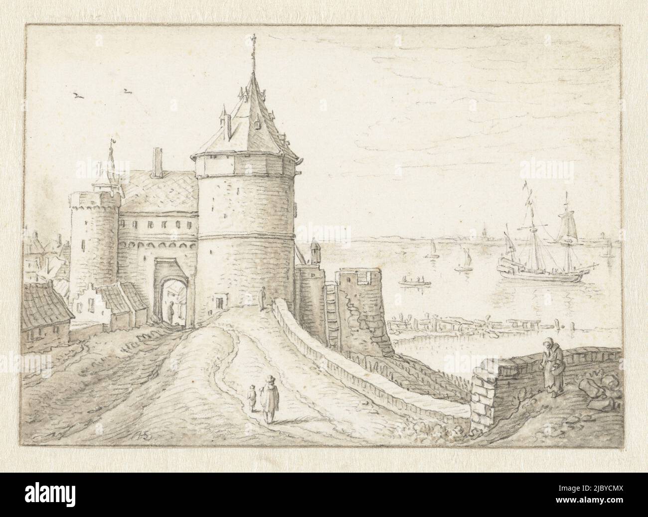 City gate with a view of the sea, Herman Saftleven, 1619 - 1685, draughtsman: Herman Saftleven, 1619 - 1685, paper, brush, h 107 mm × w 154 mm Stock Photo