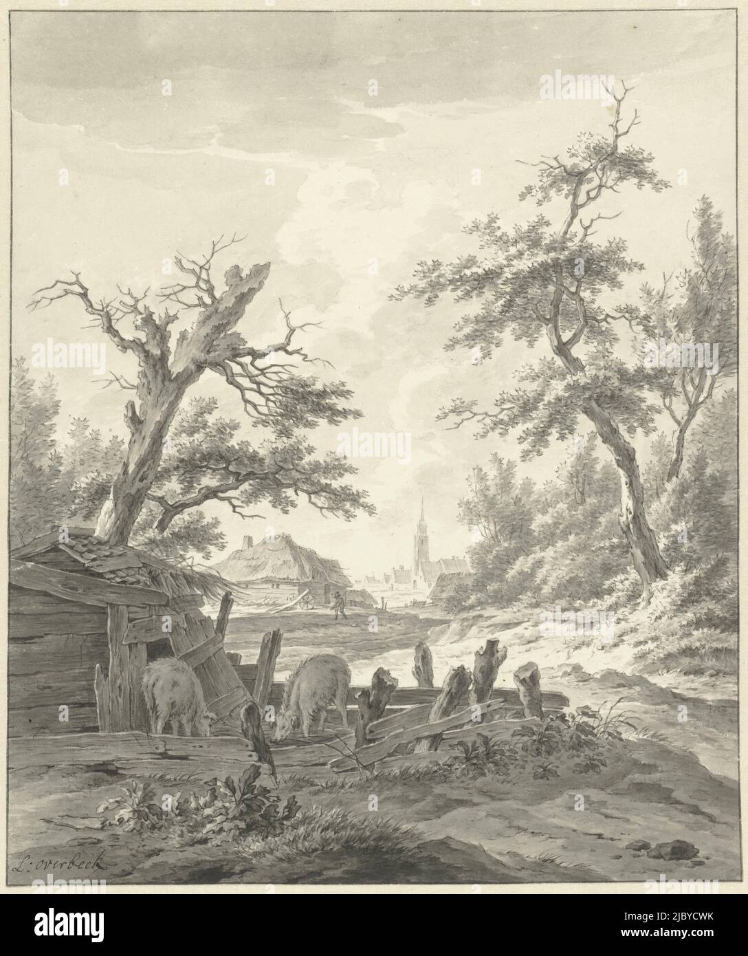 Landscape with a pigsty in the foreground, Leendert Overbeek, 1762 - 1815, draughtsman: Leendert Overbeek, 1762 - 1815, paper, pen, brush, h 277 mm × w 233 mm Stock Photo