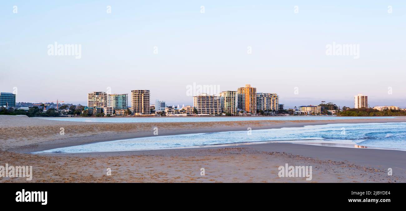 Looking across beach at low tide and early morning to Maroochydore ...