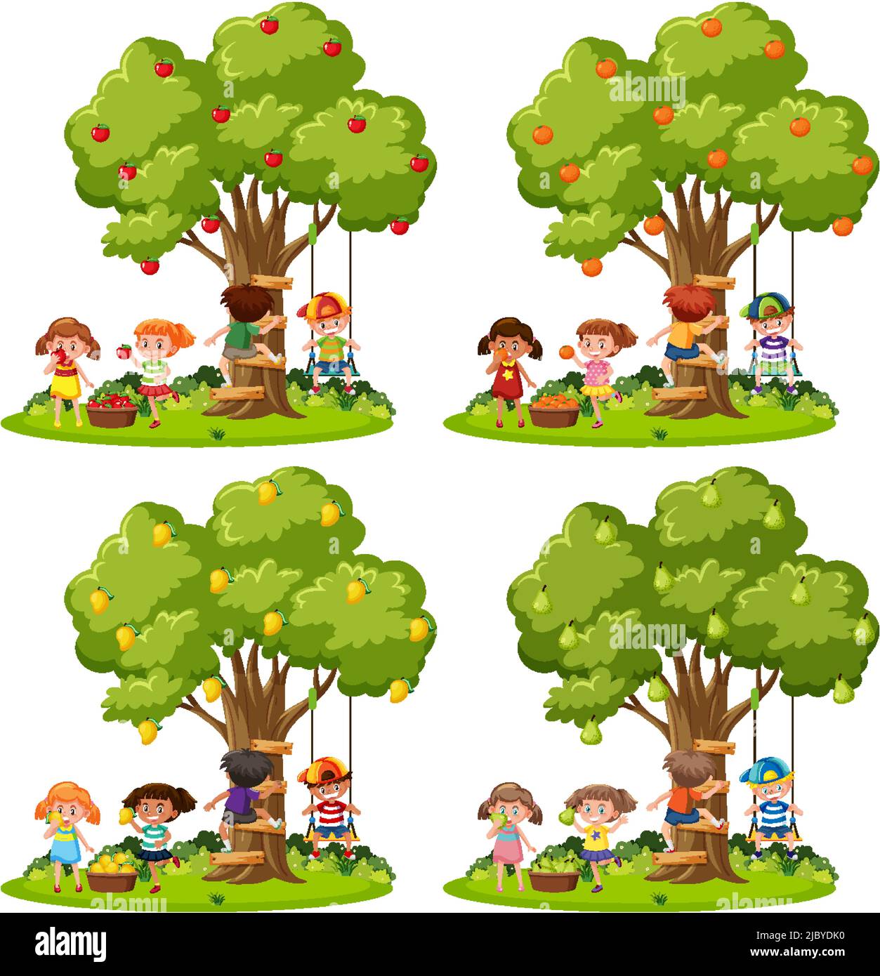 Set of kids playing swing under trees illustration Stock Vector Image