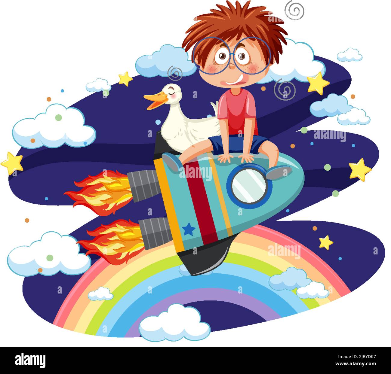 A boy and duck riding on rocket isolated illustration Stock Vector