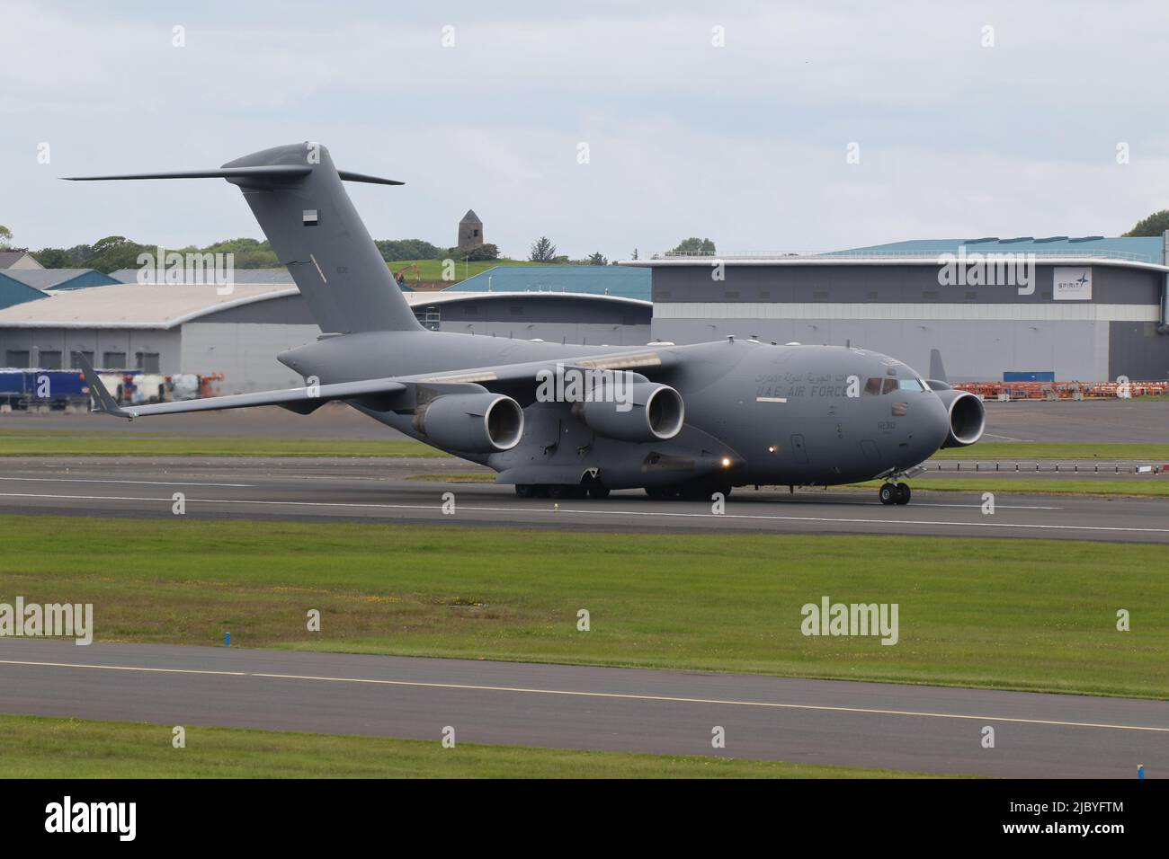 1230 (140008), a Boeing C-17 Globemaster III operated by the United Arab Emirates Air Force, departing from Prestwick International Airport in Ayrshire, Scotland. Stock Photo
