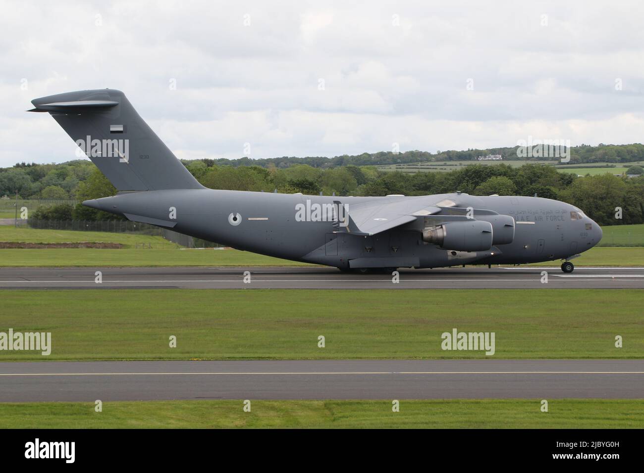 1230 (140008), a Boeing C-17 Globemaster III operated by the United Arab Emirates Air Force, departing from Prestwick International Airport in Ayrshire, Scotland. Stock Photo
