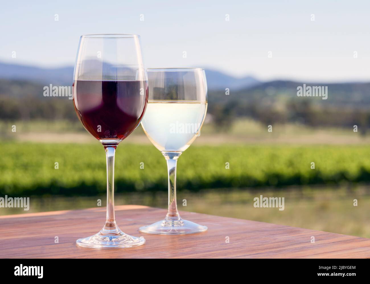 Glass of red and white wine on wooden table with view of vineyard in background Stock Photo