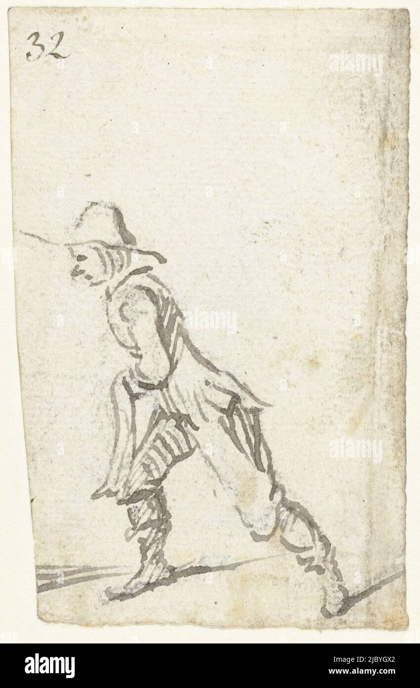Boy holding a sash or shawl (?), to the left, Harmen ter Borch, 1649, draughtsman: Harmen ter Borch, Zwolle, 1649, paper, h 84 mm × w 54 mm Stock Photo