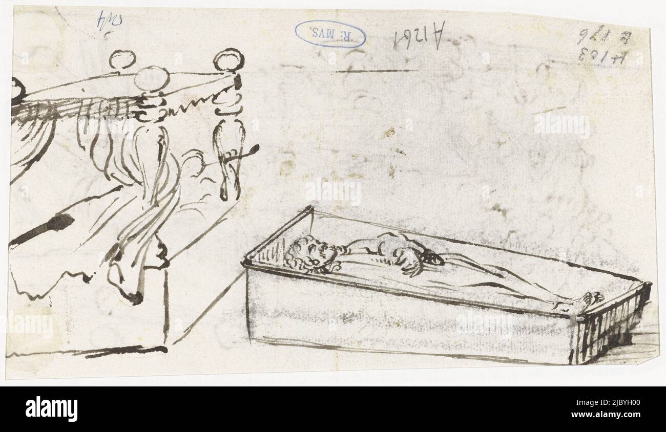 Bed and a corpse in a coffin, Gesina ter Borch, c. 1653, draughtsman: Gesina ter Borch, Zwolle, c. 1653, paper, h 105 mm × w 178 mm Stock Photo