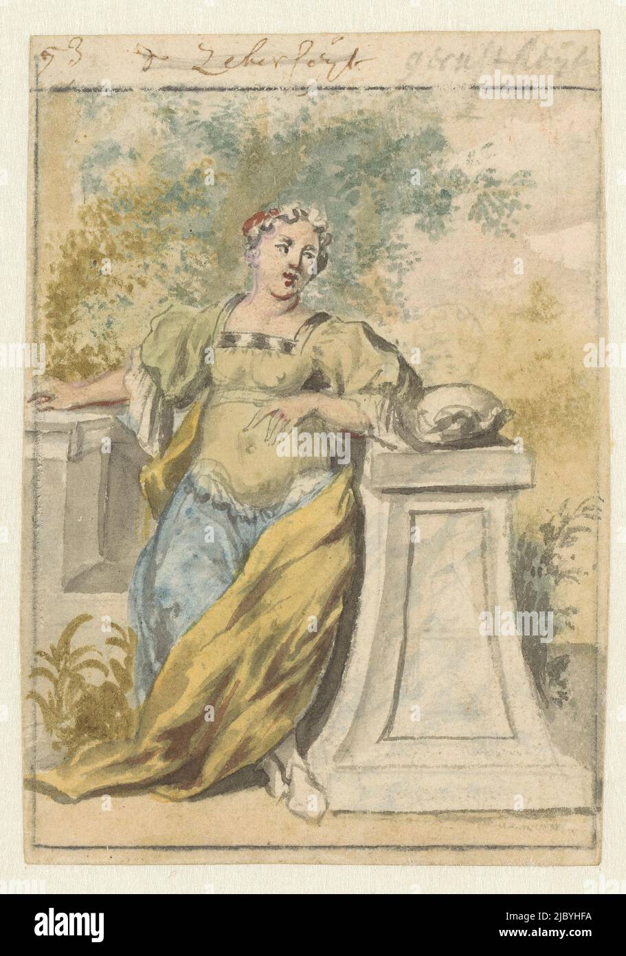 Certainty, Pieter van den Berge, 1675 - 1737, A woman, en face, seated on a marble bench., draughtsman: Pieter van den Berge, 1675 - 1737, paper, pen, brush, h 136 mm × w 95 mm Stock Photo