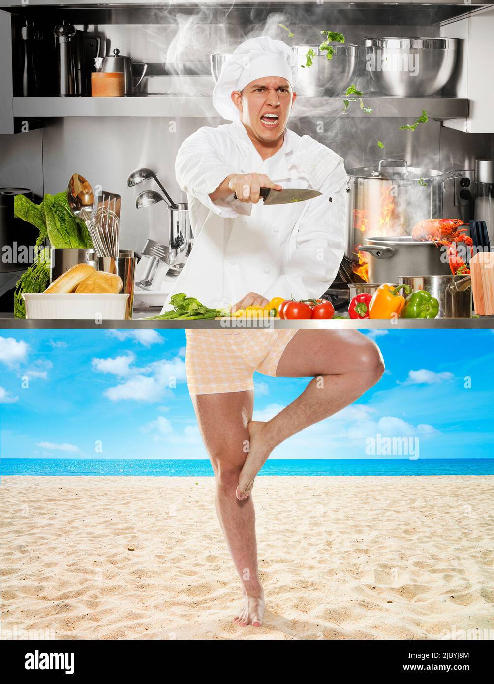 Split screen of angry chef and yoga pose on beach Stock Photo