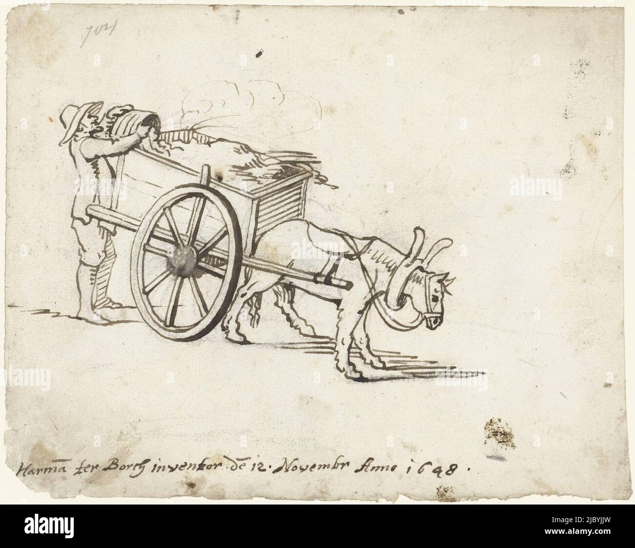 Man loading manure onto a cart, Harmen ter Borch, 1648, Man loading manure onto a cart with a horse in front., draughtsman: Harmen ter Borch, (mentioned on object), Zwolle, 12-Nov-1648, paper, h 169 mm × w 212 mm Stock Photo