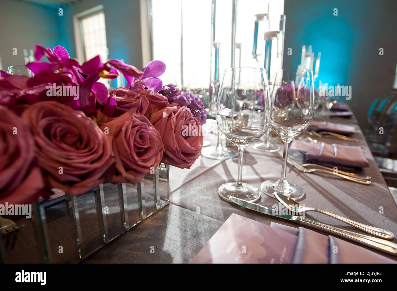 Low angle wide empty shot of table setting at a formal party. Stock Photo