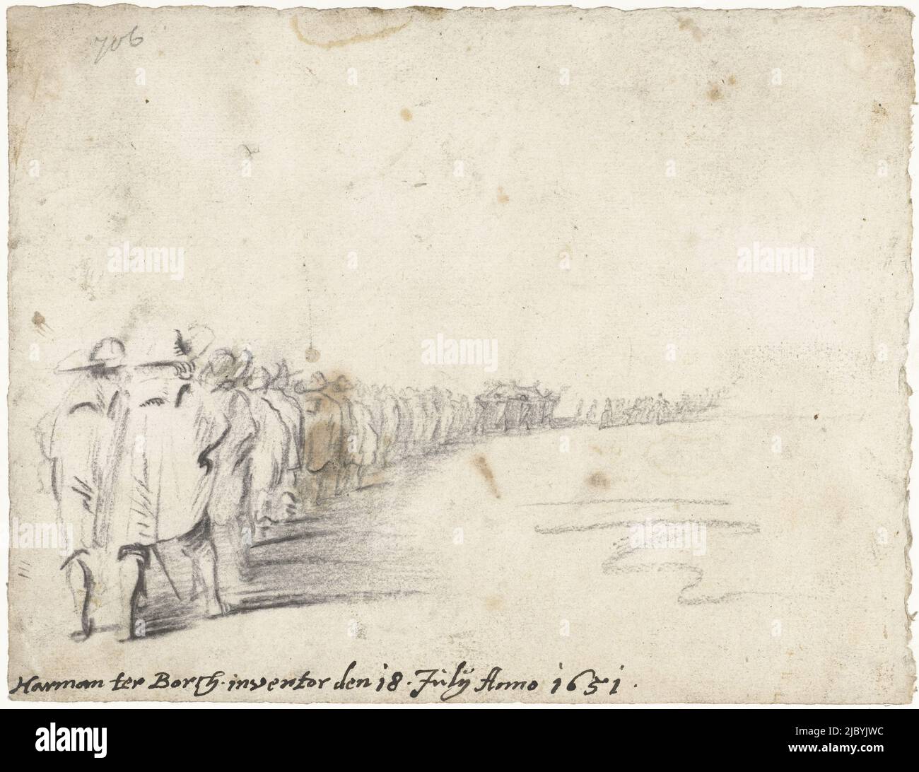 Funeral procession, Harmen ter Borch, 1651, Funeral procession consisting of mourners following a bier; in front a barely distinguishable line of horsemen., draughtsman: Harmen ter Borch, (mentioned on object), Zwolle, 18-Jul-1651, paper, h 164 mm × w 214 mm Stock Photo