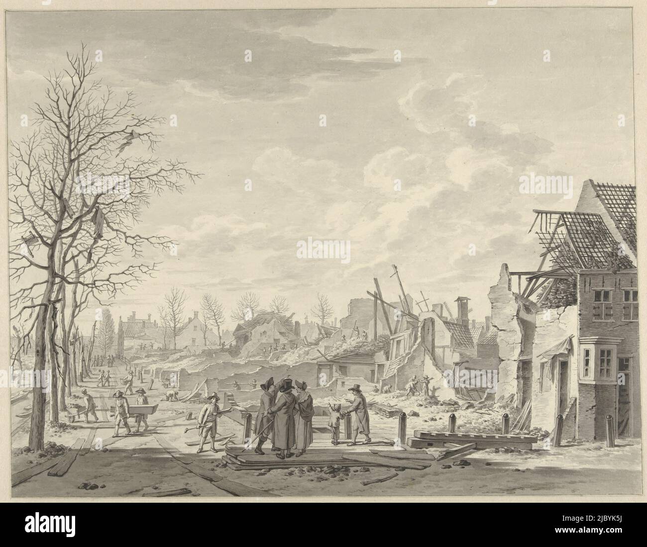 View of the Rapenburg in Leiden after the Buskruit disaster of 12 January 1807, Leendert Overbeek, 1807, draughtsman: Leendert Overbeek, 1807, paper, pen, brush, h 327 mm × w 421 mm Stock Photo