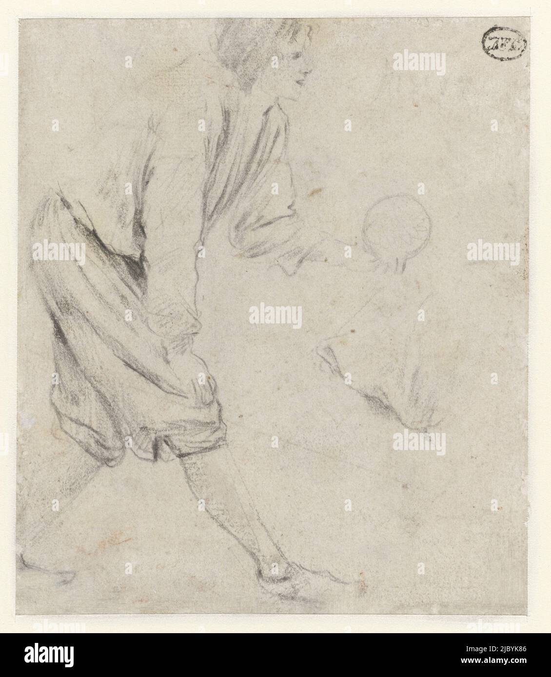 Study of a Man Playing Skittles, Jan Havicksz. Steen, c. 1650 - c. 1655, draughtsman: Jan Havicksz. Steen, 1648 - 1653, paper, brush, h 157 mm × w 134 mm Stock Photo