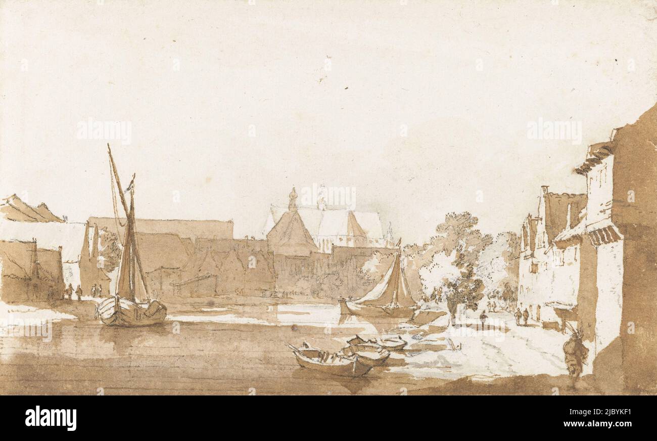 View of the St. Laurens church and the Kapelkerk in Alkmaar, Jan de Bisschop, 1648 - 1671, draughtsman: Jan de Bisschop, 1648 - 1671, paper, pen, brush, h 96 mm × w 159 mm Stock Photo