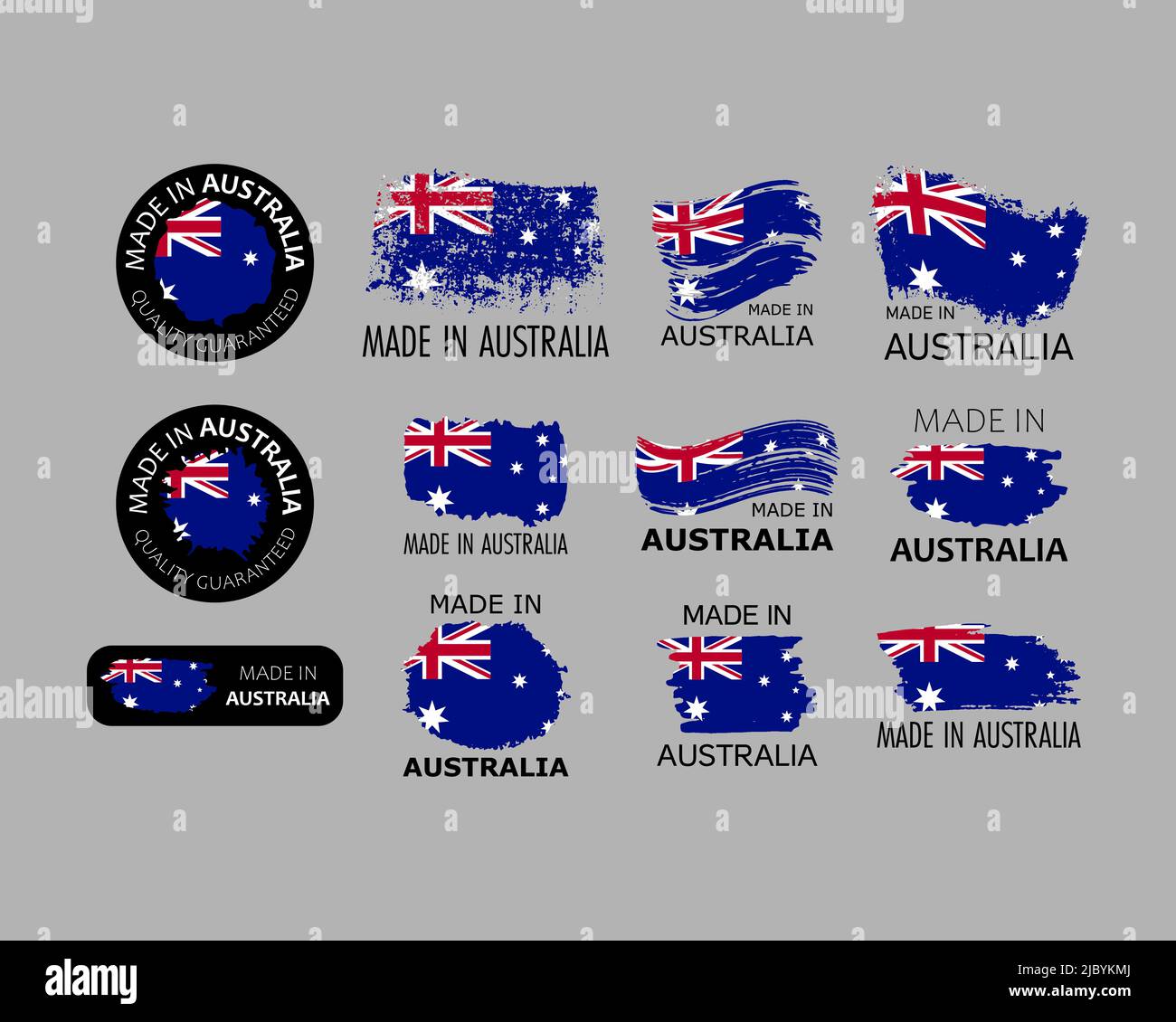 Set of stickers. Made in Australia. Brush strokes shaped with