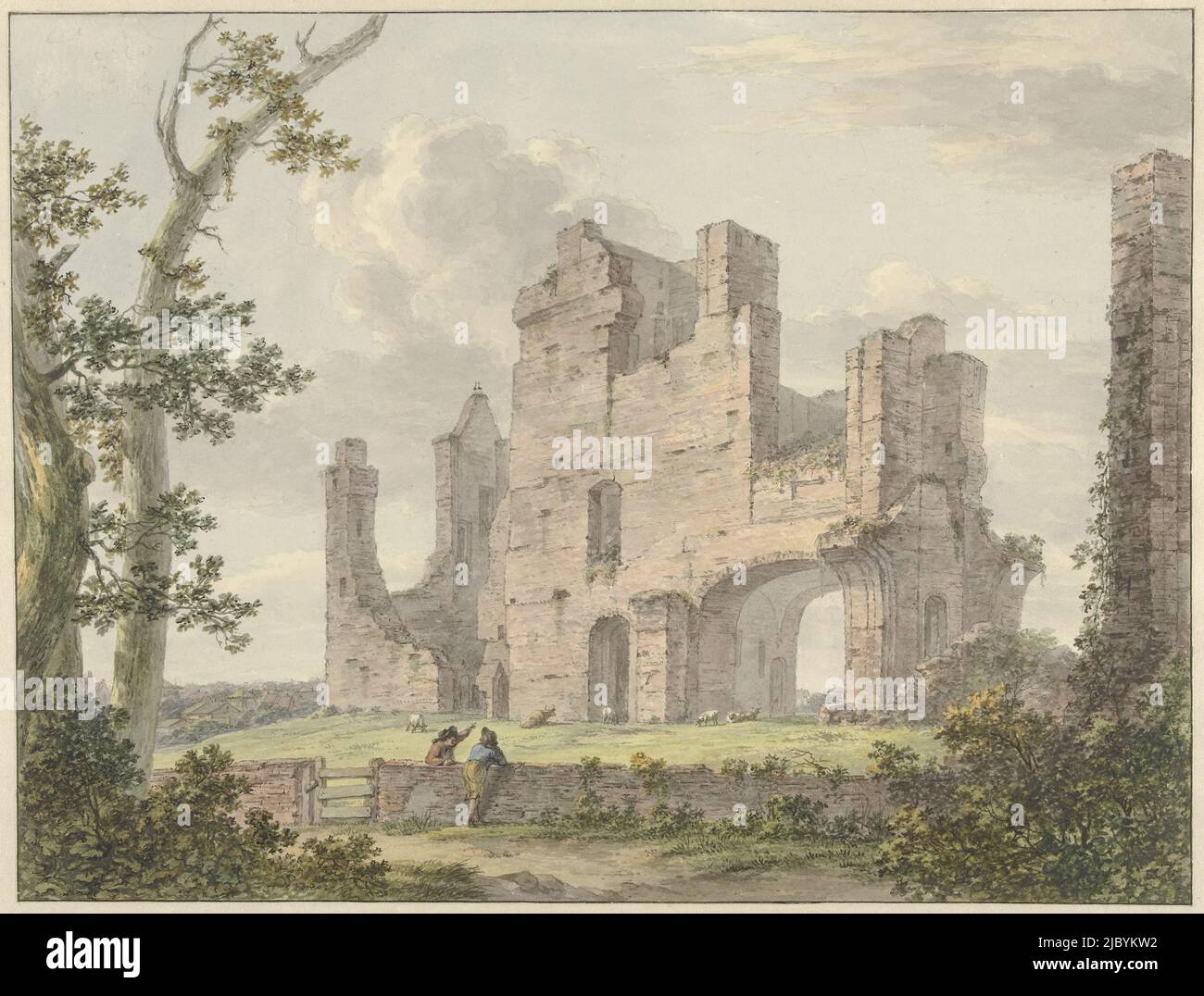 Ruin of the abbey of Rijnsburg, Hermanus Numan, 1754 - 1820, draughtsman: Hermanus Numan, 1754 - 1820, paper, brush, pen, h 320 mm × w 420 mm Stock Photo