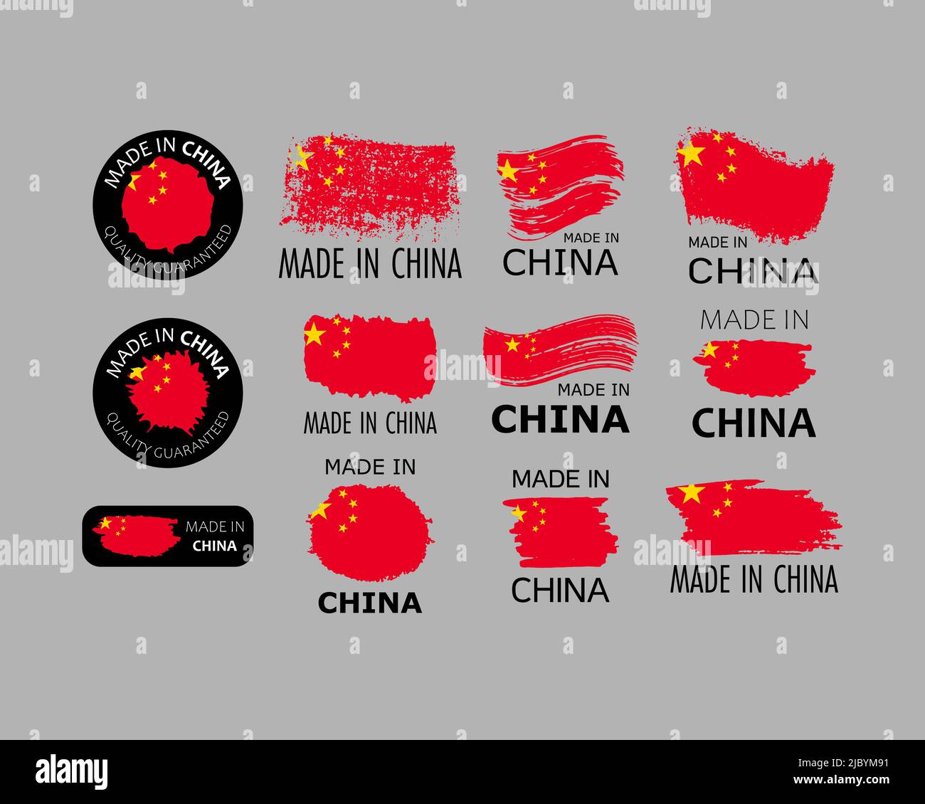 Set of stickers. Made in China. Brush strokes shaped with Chinese flag