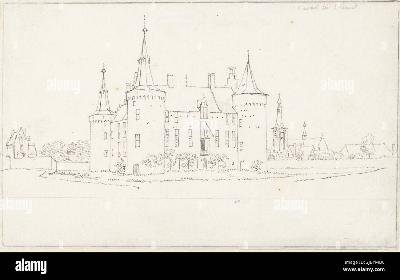 The castle at Helmond, Cornelis Pronk, 1720 - 1740, On the left the gatehouse and on the right the St. Lambert church., draughtsman: Cornelis Pronk, 1720 - 1740, paper, pen, h 128 mm × w 202 mm Stock Photo
